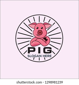 logo simple cartoon Pig, Happy smiling little baby cartoon pig in round frame - vector logo illustration - Vector 