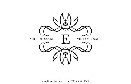 Logo with simple initial letter E isolated on white background and ornament around the letter. There is space for text. Can be used for business and corporate signs, emblems.