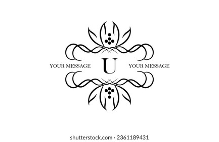 Logo with simple initial letter U isolated on white background and ornament around the letter. There is space for text. Can be used for business and corporate signs, emblems.