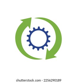 Logo of a simple mechanical gear, cog wheel with two arrows, technology, recycle, reuse, green and blue