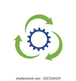 Logo of a simple mechanical gear, cog wheel with three arrows, technology, recycle, reuse, green and blue
