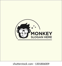 logo simple monkey, smile monkey chimp chimpanzee geek sunglasses logo, Geek Monkey Logo Template. - Vector 
