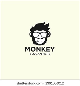 logo simple monkey, smile monkey chimp chimpanzee geek sunglasses logo, Geek Monkey Logo Template. - Vector 