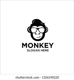 logo simple monkey, smile monkey chimp chimpanzee geek sunglasses logo, Geek Monkey Logo Template. - Vector 