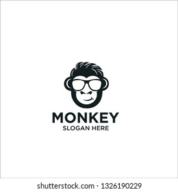 logo simple monkey, smile monkey chimp chimpanzee geek sunglasses logo, Geek Monkey Logo Template. - Vector 