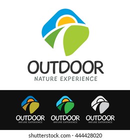 Logo of a simple natural landscape with sunset. This logo is suitable for many purpose as outdoor activities, natural parks, sportswear, camping and more