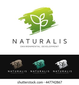 Logo of a simple and stylized plant over green brush shape. This logo is suitable for many purpose as botanist, environmental firm, natural medicine and more.