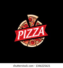 Logo of a sketched pizza. Vector illustration on black background