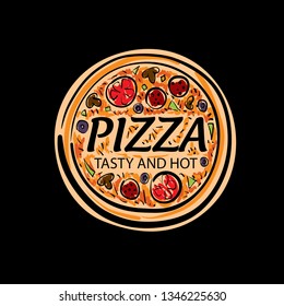 Logo of a sketched pizza. Vector illustration on black background