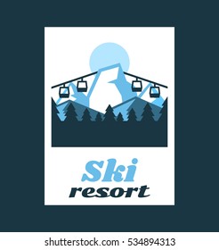 Logo Ski Resort. Label, stamp. Winter landscape, snow mountains, lift up the mountain, photography, wood. Sports lifestyle. Vector illustration 