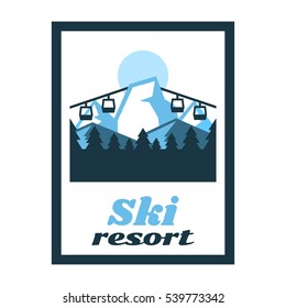 Logo Ski Resort. Label, stamp. Winter landscape, snow mountains, lift up the mountain, photography, wood. Sports lifestyle. Vector illustration