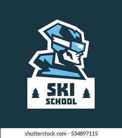 Logo ski school. Label, stamp. Education, training, mentoring. A person of the skier, glasses, hat. Sports lifestyle. Vector illustration 