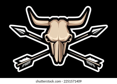 Logo skull cow, bull, buffalo and crossed arrows. T-shirt print.