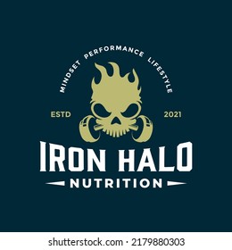 Logo with skull icon biting dumbbell
