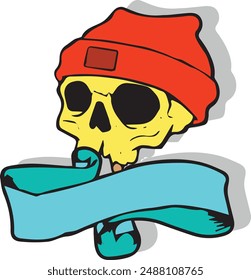logo of a skull with a red cap and a banner