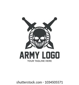 logo skull with sword and shield, unique design, vector illustration
