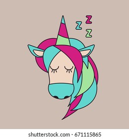 Logo sleep snoring head of unicorn with rainbow mane. Icon good night with sound zzz. Vector graphic design