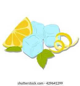 logo with a slice of lemon, ice cubes, mint, lemon peel on a white background