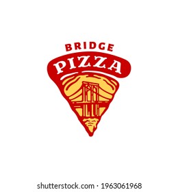 logo of slice pizza with bridge illustration in doodle vintage design