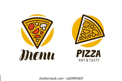 Logo slice of pizza. Food symbol or label. Vector