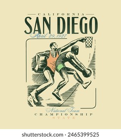 logo slogan graphic, retro basketball, players and ball. city san diego california, Championship state Country club summer SS24 basketball crest sport	