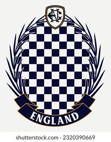 logo slogan graphic, retro college with laurel and chess, england and shield monogram. sports Country club summer SS23 football crest sport 