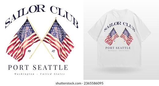 logo slogan graphic, retro college university with sport, watercolor flag of the united states vintage colors. city port seattle, sailor club summer SS23 crest sport 