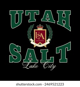 logo slogan graphic, retro college with laurel and shield. utah usa, club summer SS24 athletic crest sport