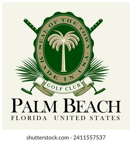 logo slogan graphic, retro golf with golf club, palm and leaves. city florida, palm beach Country club summer SS23 golf crest sport 