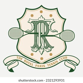 logo slogan graphic, retro royal tennis with shield. ball and raquet. palm beach Country club summer SS23 tennis crest sport 