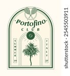 logo slogan graphic, retro tennis with racket, ball and laurel. city portofino italy caribbean, Country club summer SS24 tennis crest sport