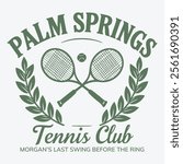 logo slogan graphic, retro tennis with racket, art deco style. palm springs california, united state,  texts athletic club and tennis club.  palm beach Country club summer SS24 tennis crest sport