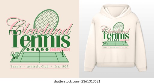logo slogan graphic, retro tennis club university with sport, shield and laurel. city cleveland, health and fitness club summer SS23 tennis crest sport 