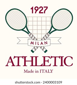 logo slogan graphic, retro tennis with racket. city milan athletic Country club summer SS23 tennis crest sport 