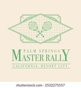 logo slogan graphic, retro tennis with racket, art deco style. palm springs california, united state, master rally Country club summer SS24 tennis crest sport 