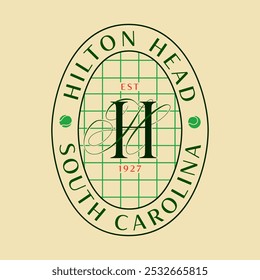 logo slogan graphic, retro tennis with racket, balls. city hilton head, south carolina Country club summer SS24 tennis crest sport, luxury tennis