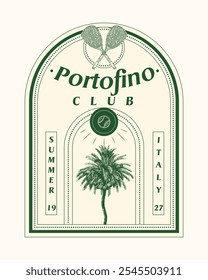 logo slogan graphic, retro tennis with racket, ball and laurel. city portofino italy caribbean, Country club summer SS24 tennis crest sport