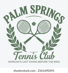 logo slogan graphic, retro tennis with racket, art deco style. palm springs california, united state,  texts athletic club and tennis club.  palm beach Country club summer SS24 tennis crest sport