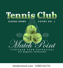 logo slogan graphic, retro tennis club university with sport, Balls tennis. city los angeles california, health and fitness club summer SS25 tennis crest sport, luxury sport