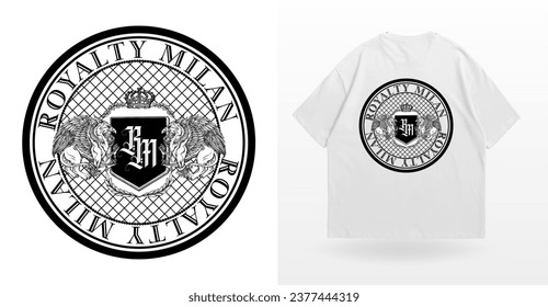 logo slogan graphic, royalty  victorian with sport, shield and lions. ornaments and geometric graphics, health and fitness club summer SS23 tennis crest sport 