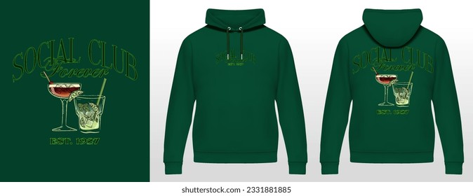 logo slogan summer graphic, retro with cocktails, text social club. forever, social club SS23 tennis crest sport, green hoodie fashion