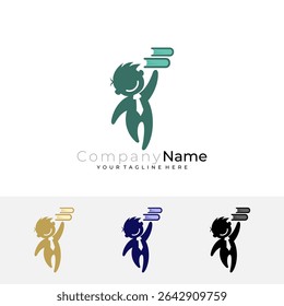 logo of a small child carrying a book, logo of a student who likes to read