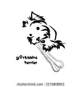 Logo of a small dog breed Yorkshire terrier. A dog chewing on a large bone. Animal Gestalt Design