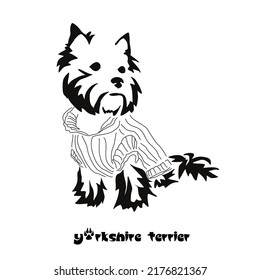 Logo of a small dog breed Yorkshire terrier. Sitting dog in a knitted sweater. Animal Gestalt Design