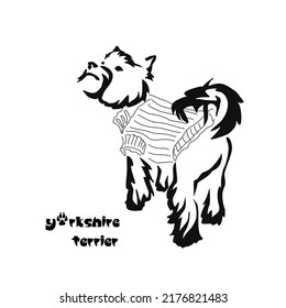 Logo of a small dog breed Yorkshire terrier. Standing dog in a knitted sweater. Animal Gestalt Design