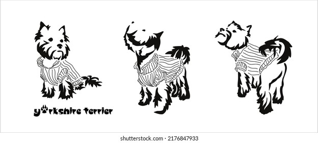 Logo of a small dog breed Yorkshire terrier. Standing dog in a knitted sweater. Animal Gestalt Design