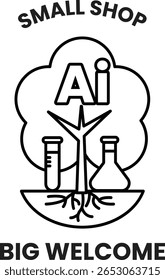A logo for a small shop that says big welcome. The logo features a tree with a root and a leaf, and a few test tubes