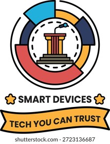 Un logotipo para dispositivos inteligentes que dice que la tecnología es de confianza. El logotipo cuenta con un micrófono y un podio, y está diseñado de una manera que lo hace parecer un círculo