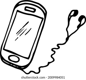 The logo of a smartphone with wired headphones. Black and white vector illustration drawn by hand.