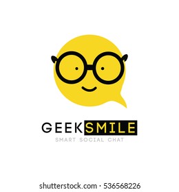 logo, smiley with glasses, clever cartoon cheerful good sign, bubble, vector, symbol for an application virtual communication